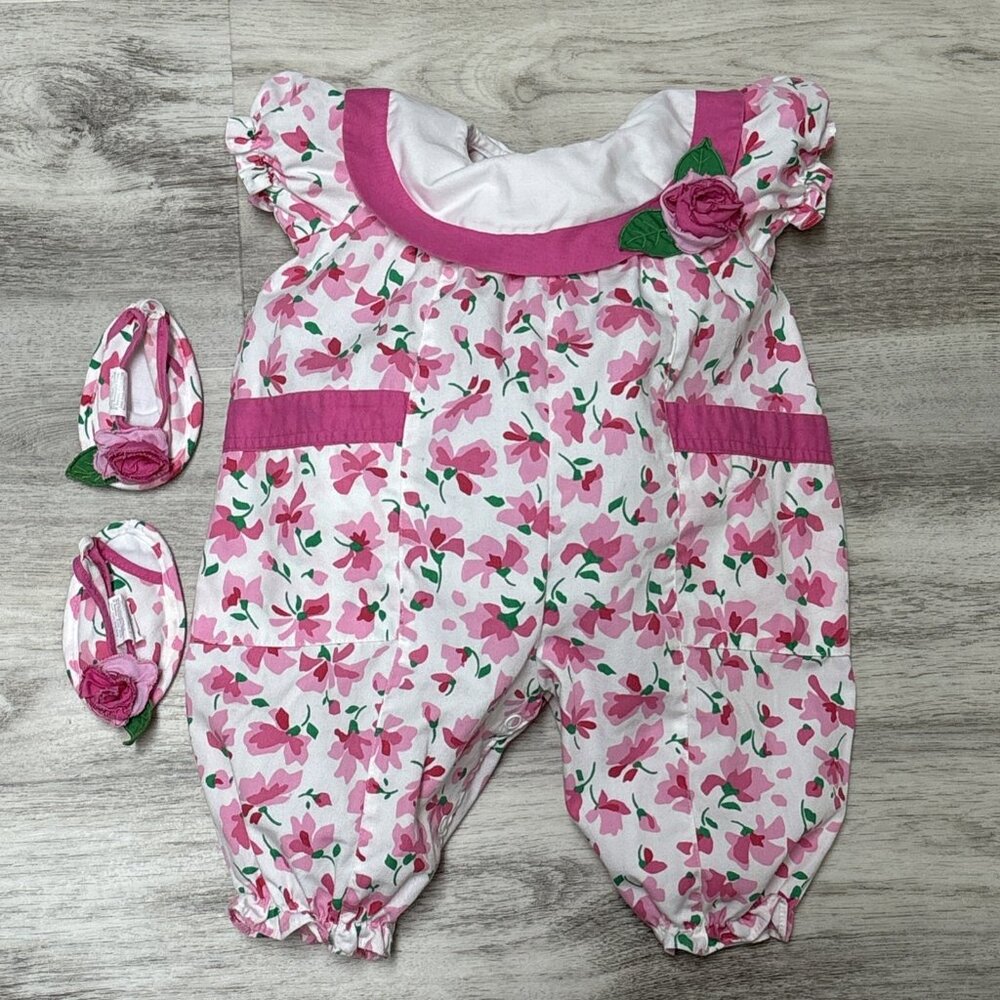 Vintage Pink Floral Bubble Romper Jumpsuit Sandals Baby 3-6 Mos Roses Peter Pan